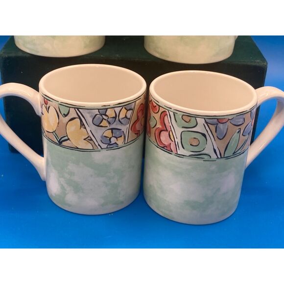 4 Corelle Coordinates Watercolors Ceramic Coffee Mugs lot of 4 green EUC - Picture 3 of 5